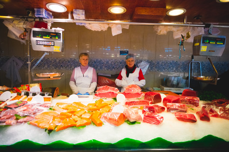 BARCELONA, SPAIN - MARCH 21: La rambla Boqueria marketplace on March 21, 2015. Boqueria is the most famous marketplace in Barcelona, in front of la rambla street.のeditorial素材