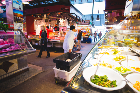 BARCELONA, SPAIN - MARCH 21: La rambla Boqueria marketplace on March 21, 2015. Boqueria is the most famous marketplace in Barcelona, in front of la rambla street.のeditorial素材