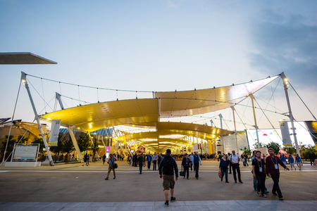 MILAN, ITALY - MAY 27: People visit Expo by night, universal exposition on the theme of food on MAY 27, 2015 in Milanのeditorial素材