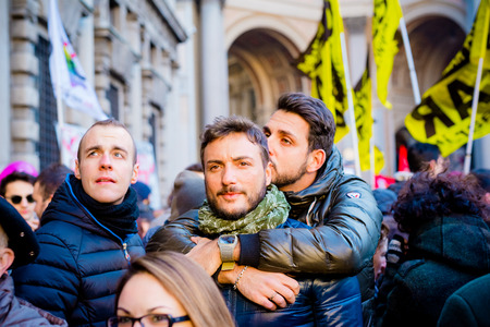 MILAN, ITALY - JANUARY 23: unmarried couples manifestation in Milan on January 23, 2016. gay couple hugging during manifestation fro equal civil rightsのeditorial素材