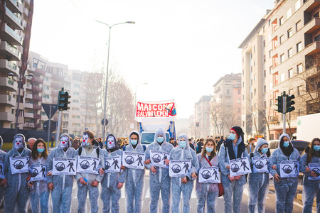 MILAN, ITALY - JANUARY 29: students demonstrating against the meeting between Marie Le Pen and Matteo Salvini on Milan on January 29, 2016. Students marching dressed like exterminatorのeditorial素材