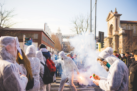 MILAN, ITALY - JANUARY 29: students demonstrating against the meeting between Marie Le Pen and Matteo Salvini on Milan on January 29, 2016. Students protesting against racism, fascism and sessismのeditorial素材