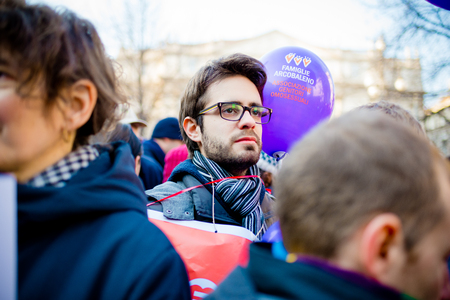 MILAN, ITALY - JANUARY 23: unmarried couples manifestation in Milan on January 23, 2016. Man manifesting for unmarried gay, lesbians and heterosexual equal civil rights couplesのeditorial素材
