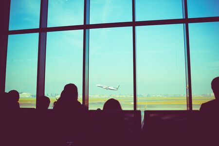 Airplane flying view from the inside of an airport - travel, transport, journey conceptの写真素材
