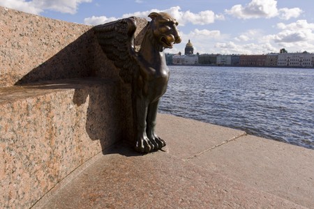Griffin - bronze winged lions in front of the Academy of Arts. St. Petersburg. Russiaの写真素材