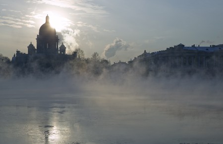 Winter on Niva river. cold weather. Saint Isaac's Cathedralの写真素材