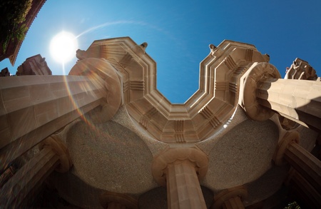 BARCELONA, SPAIN - JULY 07: Park guell in Barcelona with mosaic medallions on the ceiling of the terrace.The vibrant colors of the tiles are breathtaking on July 07, 2011 in Barcelona, Spain.のeditorial素材