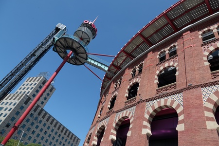 BARCELONA, SPAIN - JULY 13: Bullring Arenas on Spain Square. Of traditional neo-Mudejar style. New shopping center in Barcelona. Inside is a museum of rock and roll.July 13, 2011 in Barcelona, Spain.のeditorial素材