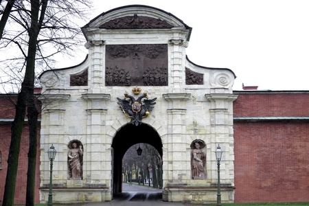 Peter's Gate - Triumphal Arch of  Peter and Paul Fortress in St. Petersburg, located in between the Czar Peter's curtain and Menshikov's Bastions.のeditorial素材