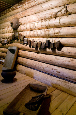 Vintage peasant items. Russia, Leningrad Region, Podporozhsky. In Mandrogi, a crafts village on the Svir river.のeditorial素材