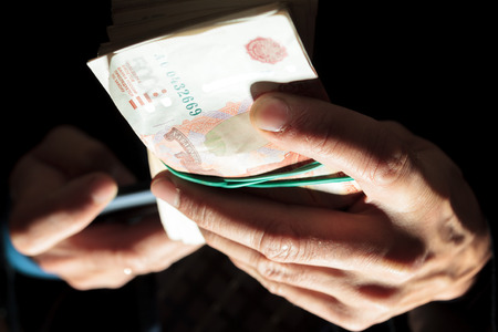 A stack of five thousandth bills in the menの写真素材