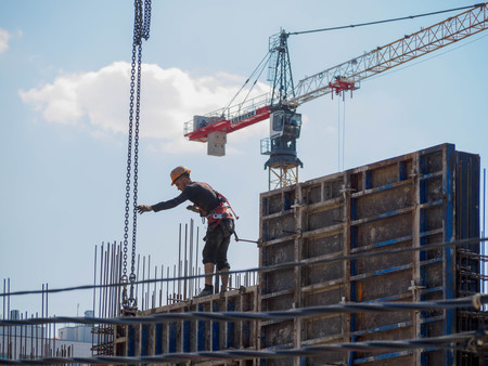 Saint Petersburg, Russia - May 15 2018. 
Worker on the construction site.のeditorial素材