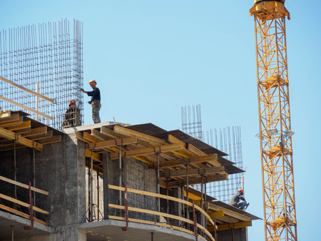 Saint Petersburg, Russia - May 15 2018. 
Worker on the construction site.のeditorial素材