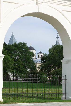 Arcade of the ancient Yaroslav courtyard at summer sunny day in Veliky Novgorod, Russia.