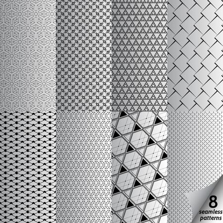 Vector set of eight monochrome seamless patterns. Modern stylish backdrop. Repeating geometric tiles with thin line snap. Black and white line backgrounds collection. Endless repeating linear textureのイラスト素材