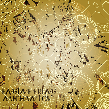 Vintage retro mechanisms and machines on aging paper background. Old graphics illustration, retro technology collection with cogs, gear and wheels.のイラスト素材