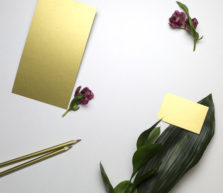 Set of gold paper cards with decor elements, top viewの写真素材