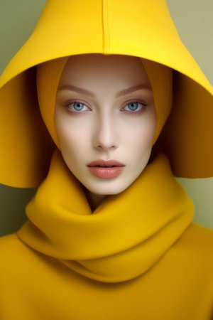 fashion studio photo of beautiful woman with blond hair in yellow coat and hatの素材