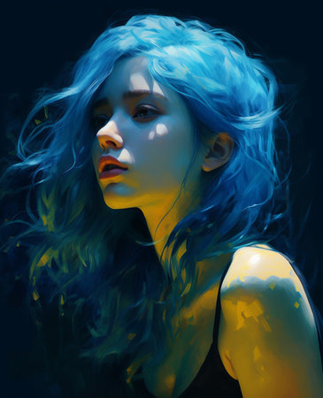 Fashion art portrait of a beautiful young woman with blue hair.の素材