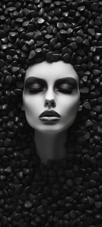 3d rendering of a female face surrounded by black pebblesの素材