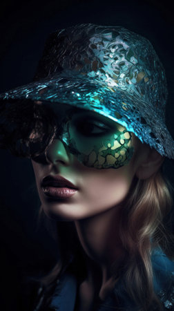 Fashion portrait of beautiful woman in elegant hat and mask. Beauty, fashion.の素材