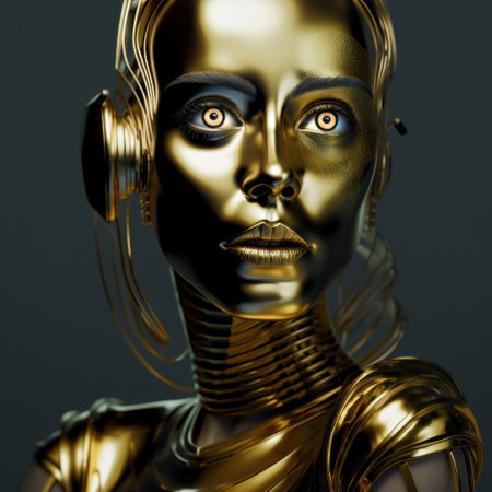 3d rendering of a female robot with golden skin and headphones.の素材