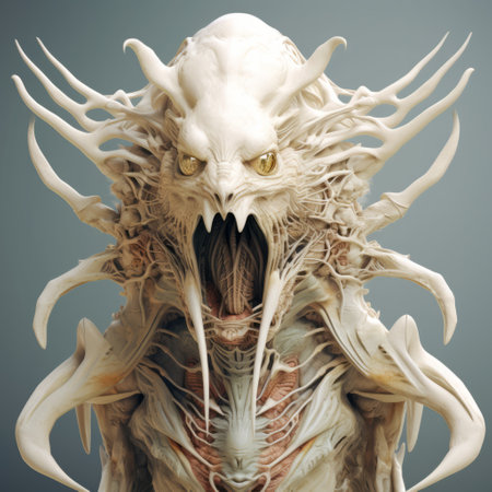 Fantasy anatomy of the head of a dragon on a gray backgroundの素材