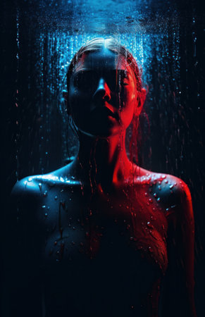Portrait of beautiful young woman under water drops on black background.の素材