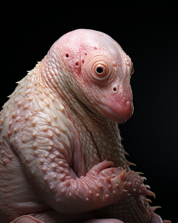 Portrait of a pink alien skin monster isolated on black background. studio shotの素材