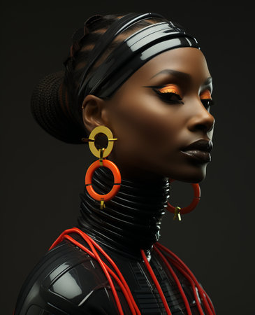 Cyborg woman with black hair and orange headband. 3d renderingの素材
