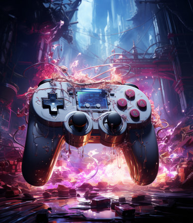 Gamepad on fire, 3d rendering. Computer digital drawing.の素材