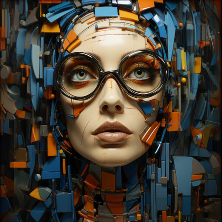 3d rendering of a female robot with glasses and abstract geometric backgroundの素材