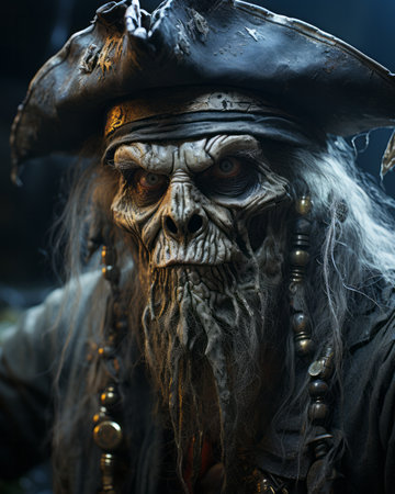 Closeup portrait of a scary old pirate man in the dark forest. Halloween concept.の素材