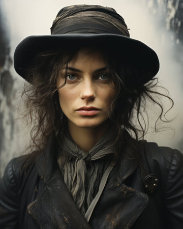 Portrait of a beautiful girl in a hat and leather jacket.の素材