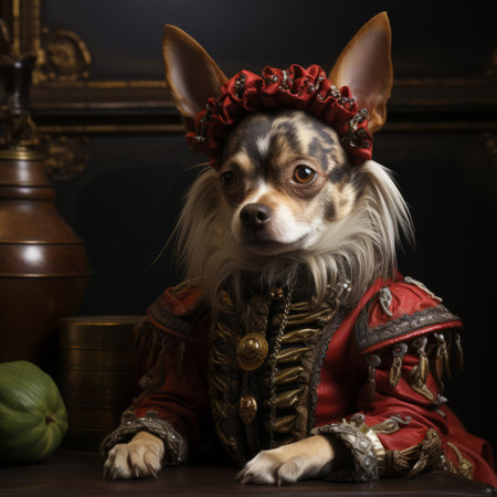 Chihuahua dog in medieval costume sitting on the table.の素材