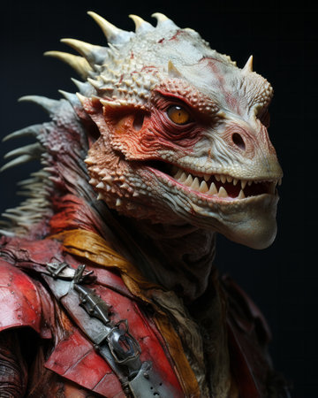 Close up portrait of a fantasy dragon in armor, isolated on black backgroundの素材