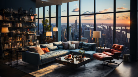 Luxury living room with panoramic view of New York Cityの素材