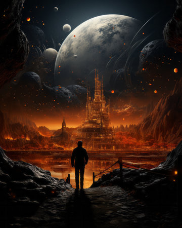 Fantasy scene with a man in front of the temple and the moonの素材