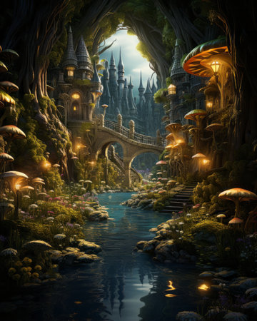 Fantasy fantasy landscape with fantasy castles in the forest. 3d renderingの素材