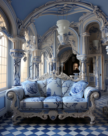 Classic blue sofa in the interior of the living room. 3d renderingの素材