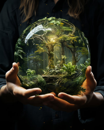 Woman holding glass globe with forest inside. Save the world concept.の素材