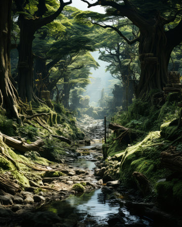Fantasy green forest with a river and trees. 3d renderingの素材