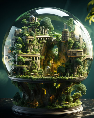 Fantasy world in a glass globe. 3D illustration. Fantasy scenery.の素材