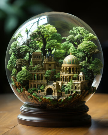 glass globe with green trees and city on wooden table, environment conceptの素材