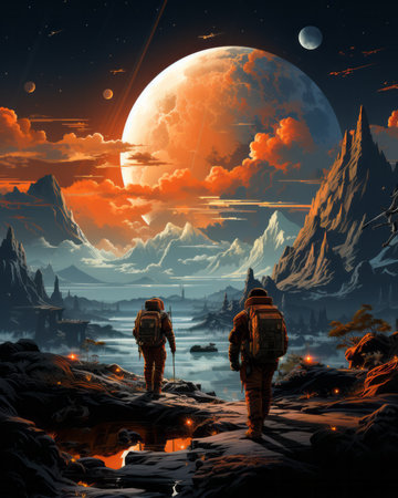 Astronaut standing on the edge of a mountain and looking at the moonの素材
