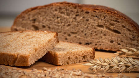 Bread bakery background. Grains and wheat ears.