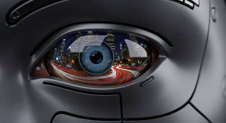 3d rendering of robot eye with night city in the background.の素材