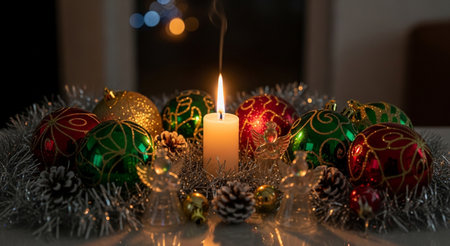Christmas and New Year background with burning candle, Christmas balls and tinselの素材
