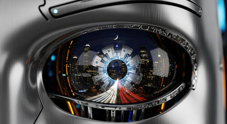 Astronaut helmet with city view. 3D rendering. Virtual reality conceptの素材