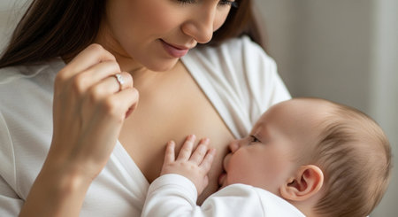 Close up of mother breast feeding her baby at home. Motherhood conceptの素材